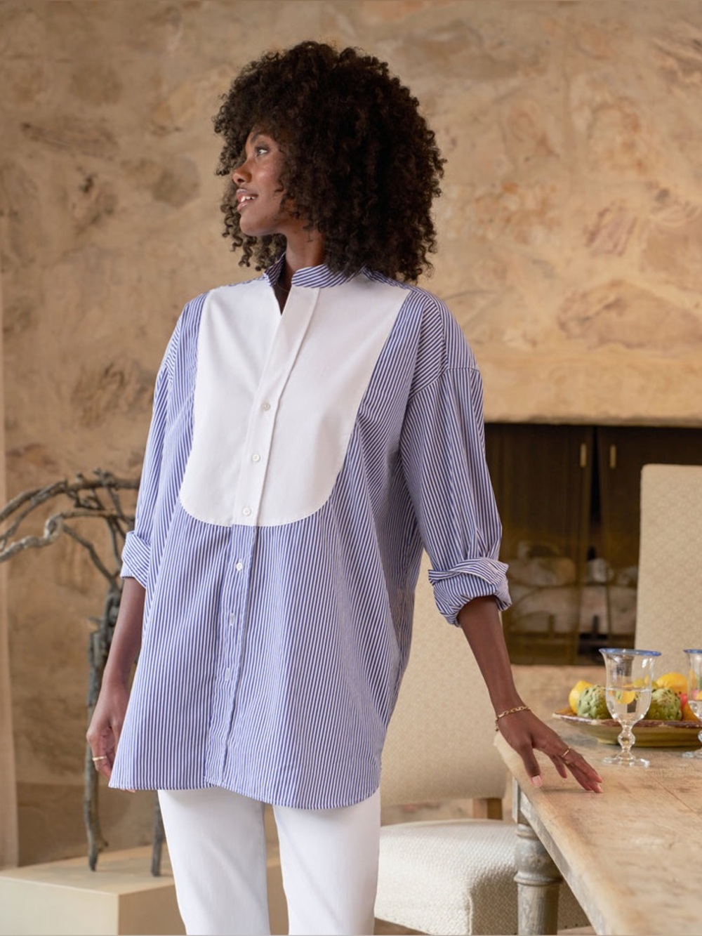 Frank & Eileen Victoria Italian Tuxedo Shirt Blue Stripe White Bib Medium - Picture 2 of 7